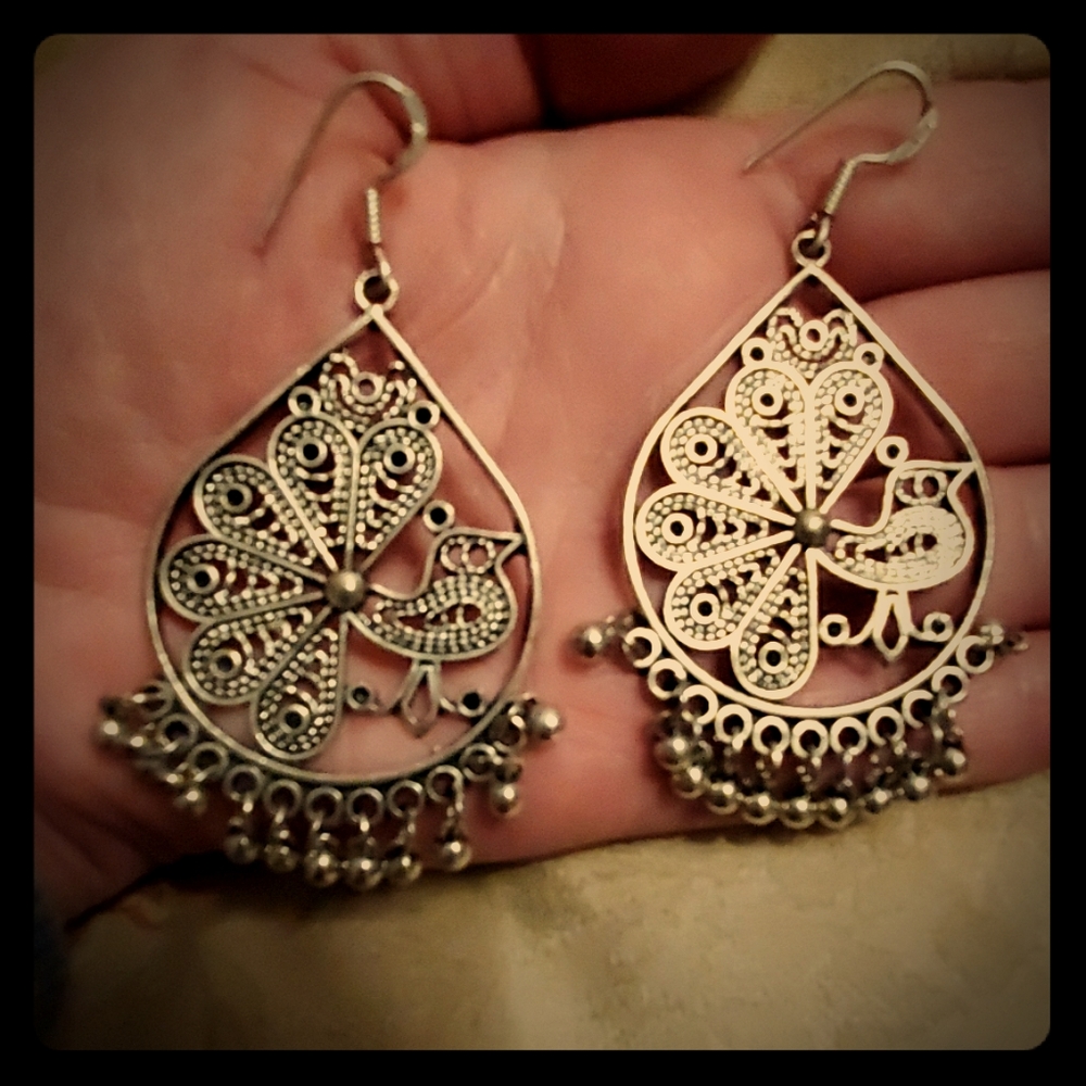 New Jhumka Boho Chic Peacock 925 Silver Earrings.